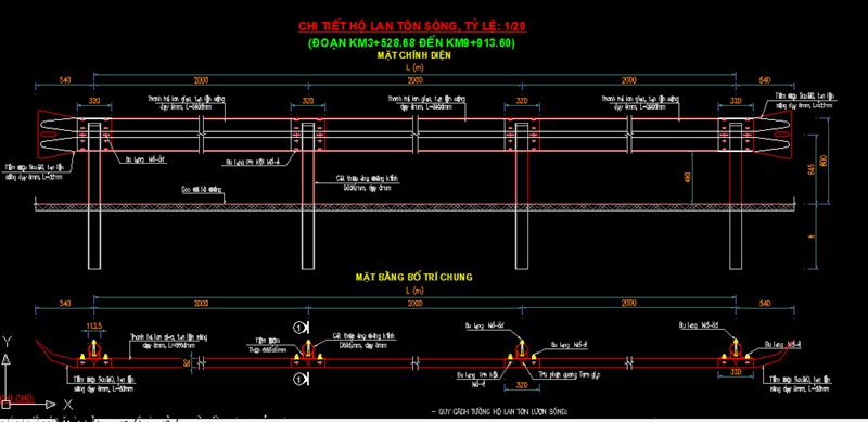 Bản vẽ mặt bằng bố trí chung hộ lan mềm trụ tròn D114