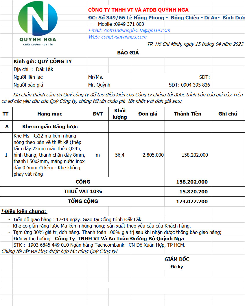 Báo giá Khe co giãn răng lược năm 2023