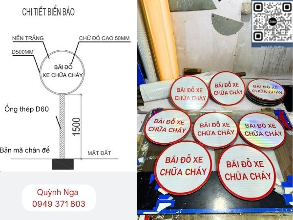 Biển báo bãi đỗ xe chữa cháy D50, cột dõ D60 , bản mã chân cột