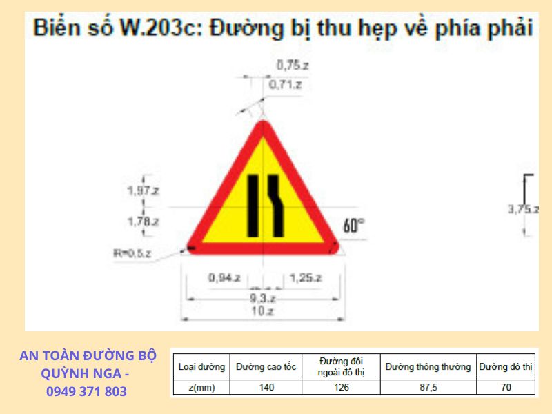 Kích thước biển báo đường hẹp W.203