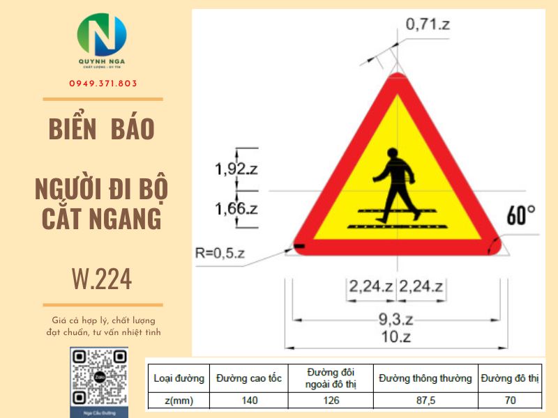 Kích thước biển báo W.224 người đi bộ cắt ngang