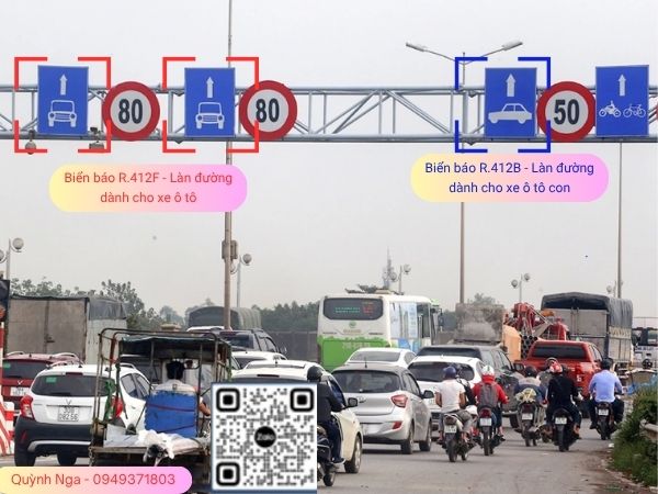 Vị trí lắp đặt của Biển báo R.412f và R.412B - Làn đường dành riêng cho từng loại xe