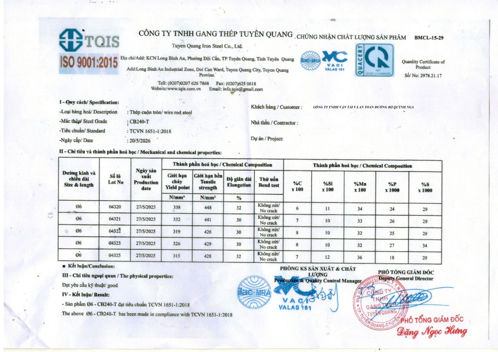 Chứng chỉ lưới thép hàn D6