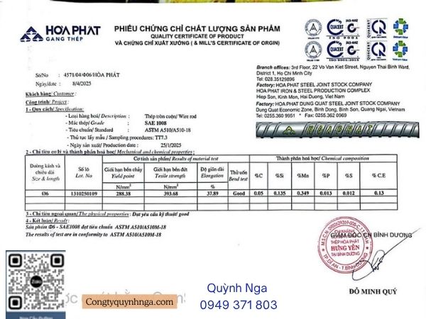 Chứng chỉ lưới thép hàn D5 - Lam từ thép D6