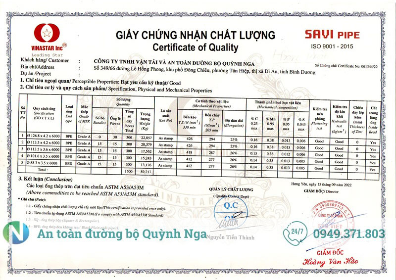 Chứng chỉ thép ống các loại