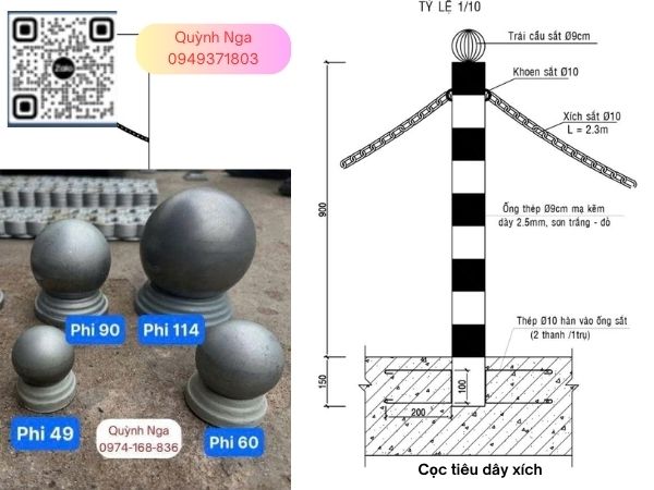 ứng dụng quả cầu sắt trong trang trí cọc tiêu dây xích 