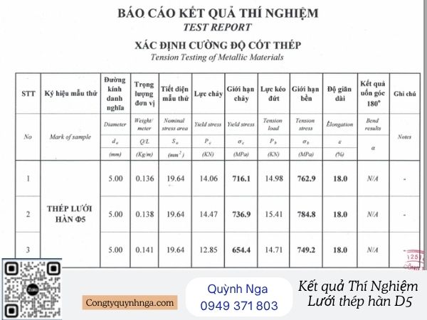 Kết quả thí nghiệm cơ lý thép hạng mục Lưới thép hàn D5
