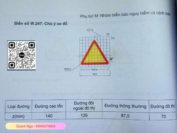 Kích thước biển báo chú ý xe đỗ w.247