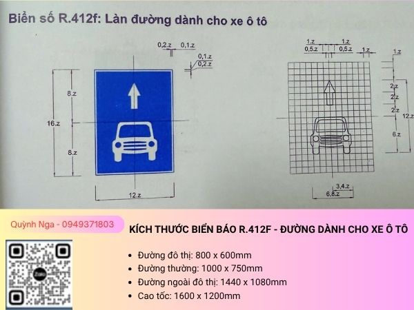 Kích thước biển báo Làn đường dành cho ô tô T.412F