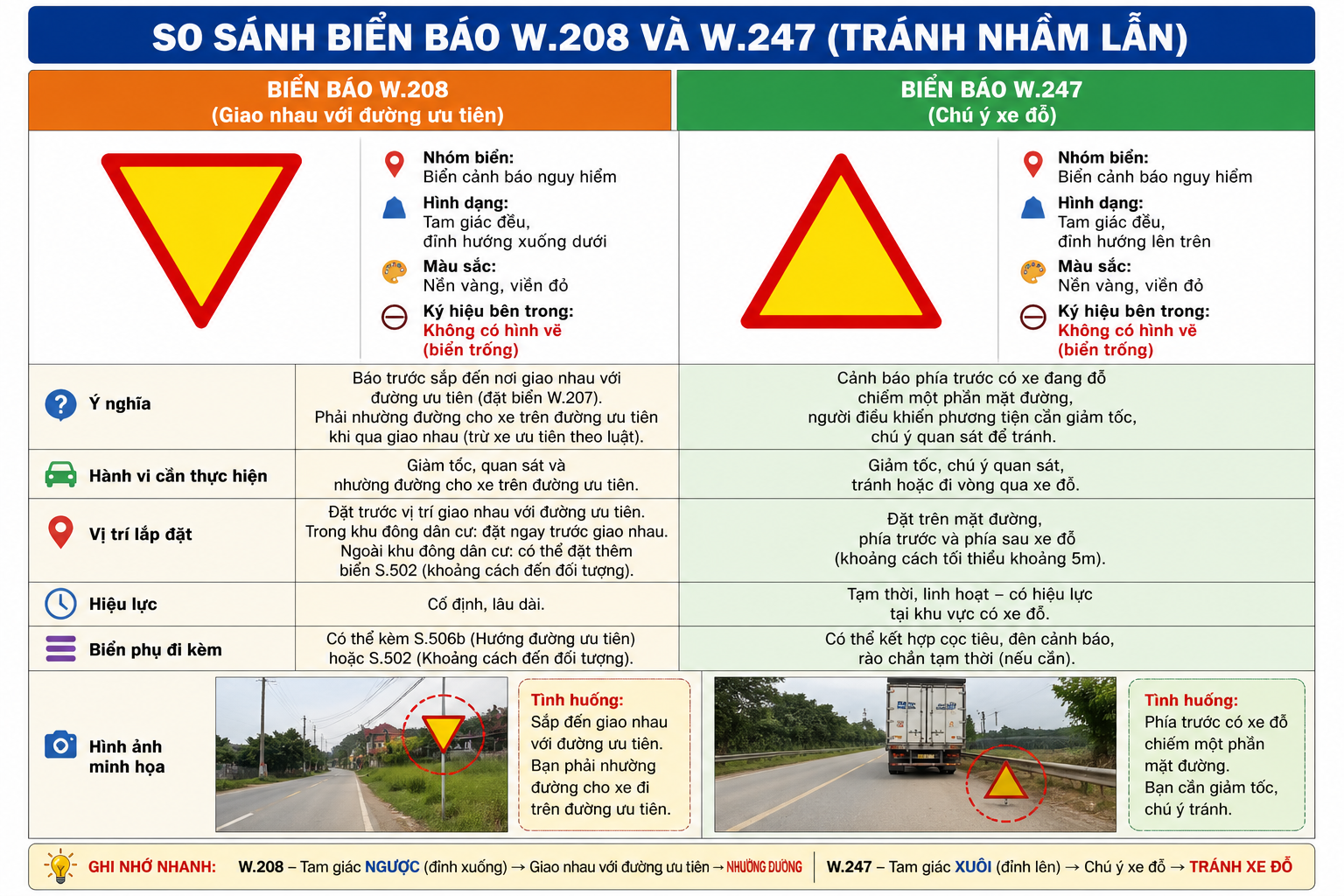 Phân Biệt biển báo tam giác vàng W.208 và Biển báo W.247