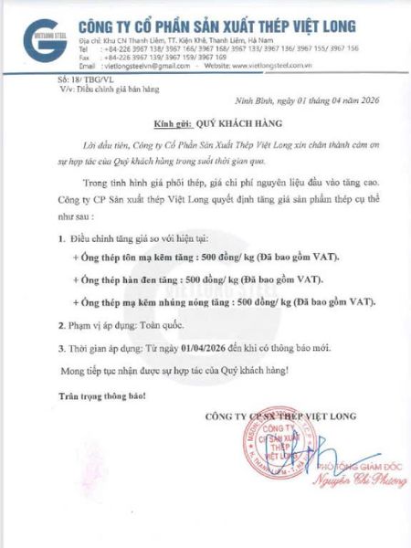 Công văn thép tăng giá T4 năm 2026