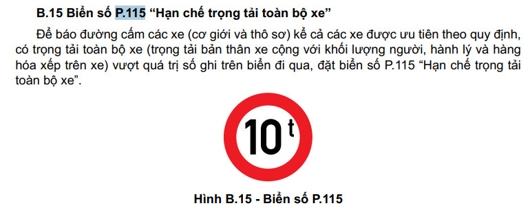 Ý nghĩa biển báo Hạn chế tải trọng toàn bộ P.115