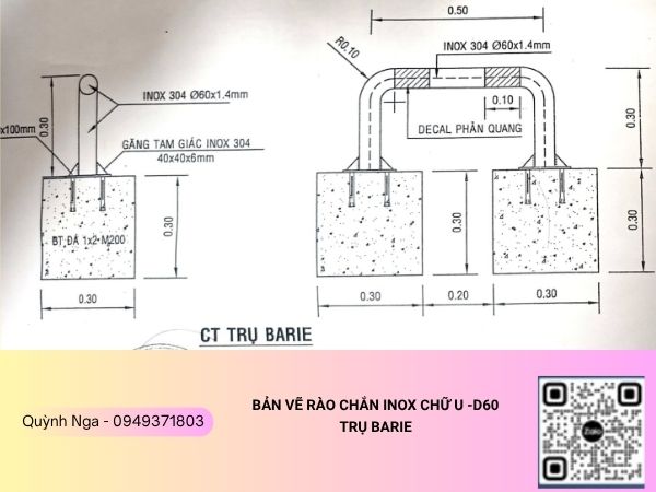 Bản vẽ rào chắn inox dạng U - D60 Bản vẽ rào chắn inox dạng U - D60