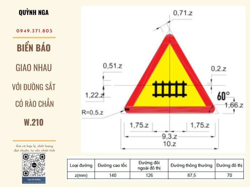 Kích thước biển báo giao nhau với đường sắt có rào chắn W.210