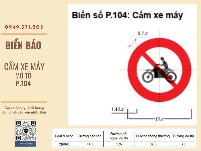 Kích thước biển báo cấm xe máy P.104