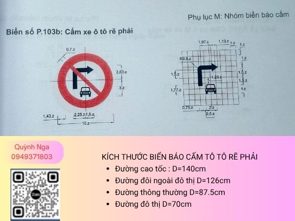 Kích thước biên báo cấm ô tô rẽ phải P.103b