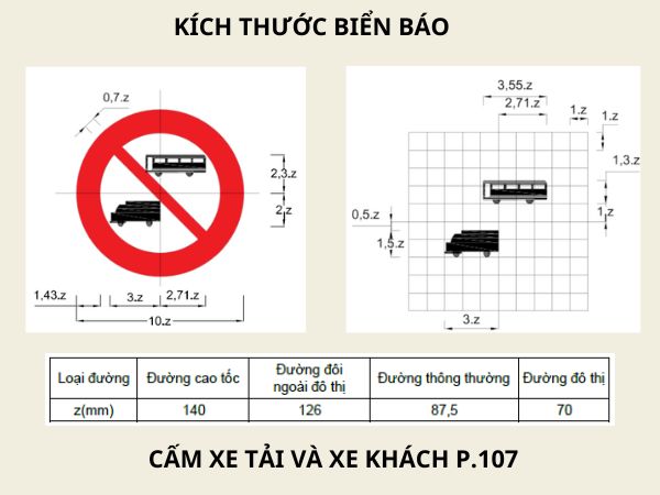 Kích thước biển cấm xe tải và xe khách P.107