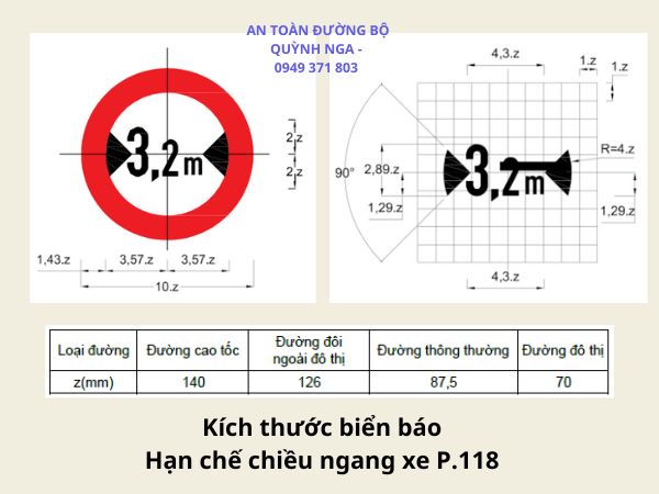 Kích thước biển báo Hạn chế chiều ngang xe P.118