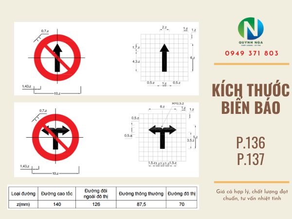 Kích thước biển cấm đi thẳng và biển cấm rẽ trái, rẽ phải