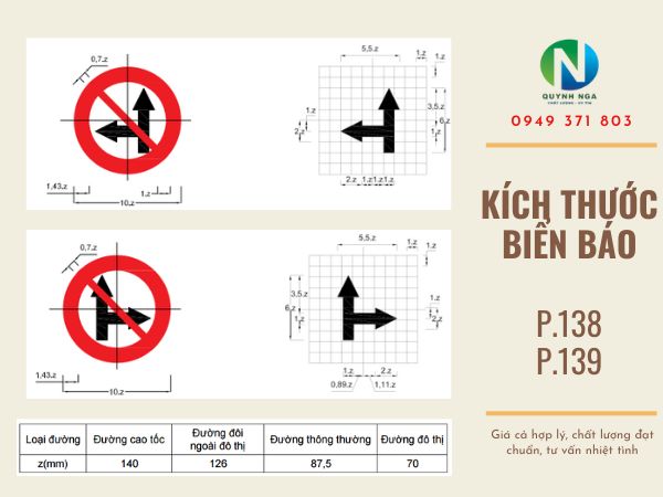 Kích thước biển cấm đi thẳng rẽ trái và cấm đi thẳng rẽ phải