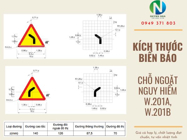 Kích thước biển báo chỗ ngoặt nguy hiểm W.201