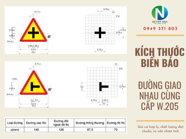 Kích thước biển báo đường giao nhau cùng cấp W.205