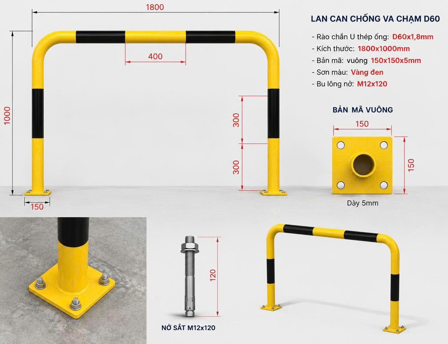 Lan can chống va chạm D60, Cao 1000mm, dài 1800mm- dạng chữ U Lan can chống va chạm D60, Cao 1000mm, dài 1800mm- dạng chữ U