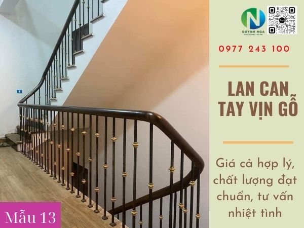 thi công lan can cầu thang sắt tay vịn gỗ