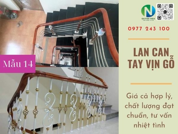 lan can cầu thang sắt hộp tay vịn gỗ