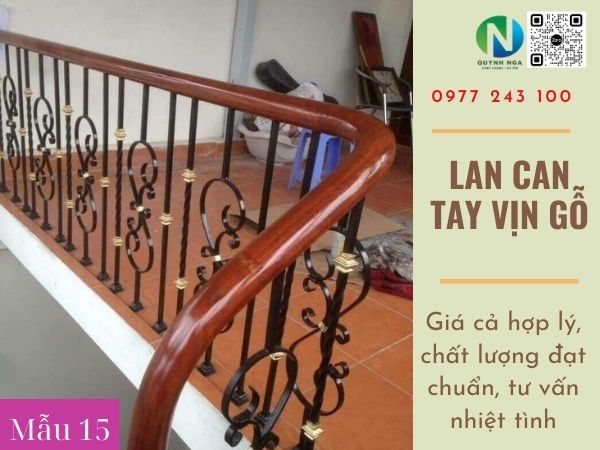 lan can cầu thang sắt tay vịn gỗ