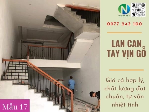 thi công lan can cầu thang sắt tay vịn gỗ