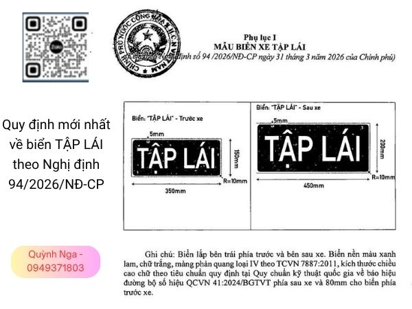 Quy đinh biển Tập Lái theo Nghị Định 94 - có hiệu lực từ ngày 1/7/2026