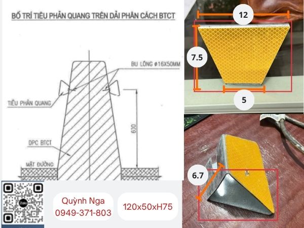 Kích thước tiêu phản quang lắp trên Dải phân cách BTCT