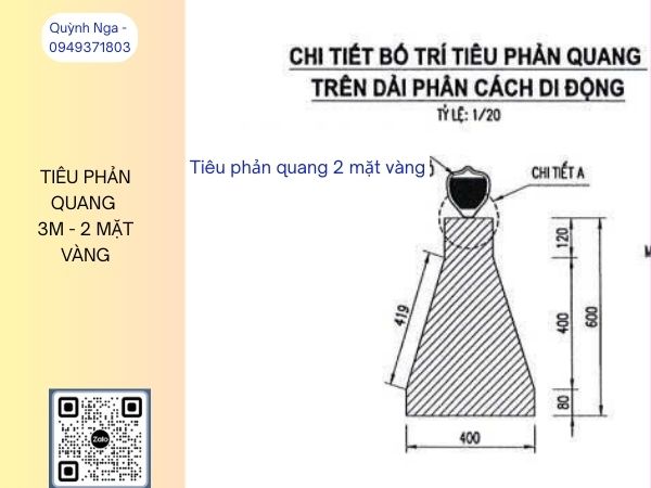 Bản vẽ tiêu phản quang 2 mặt vàng trên dải phân cách bê tông